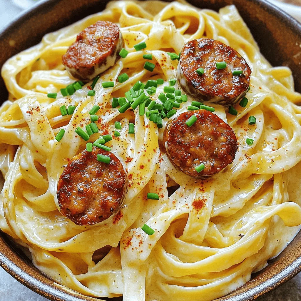 - 250 g Fettuccine oder Linguine - 200 g geräucherte Würstchen - 250 ml Sahne