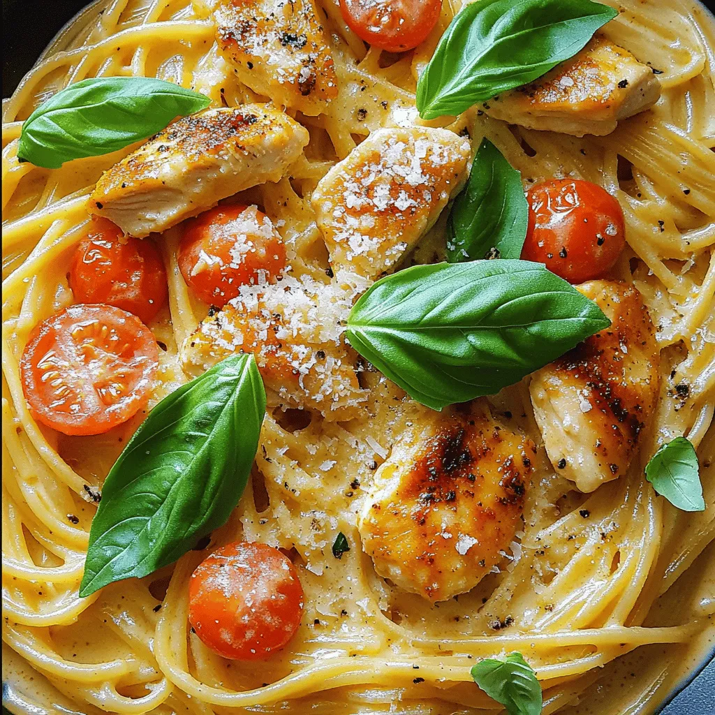 - 300 g Spaghetti - 2 Hähnchenbrustfilets in Scheiben geschnitten - 240 ml Sahne