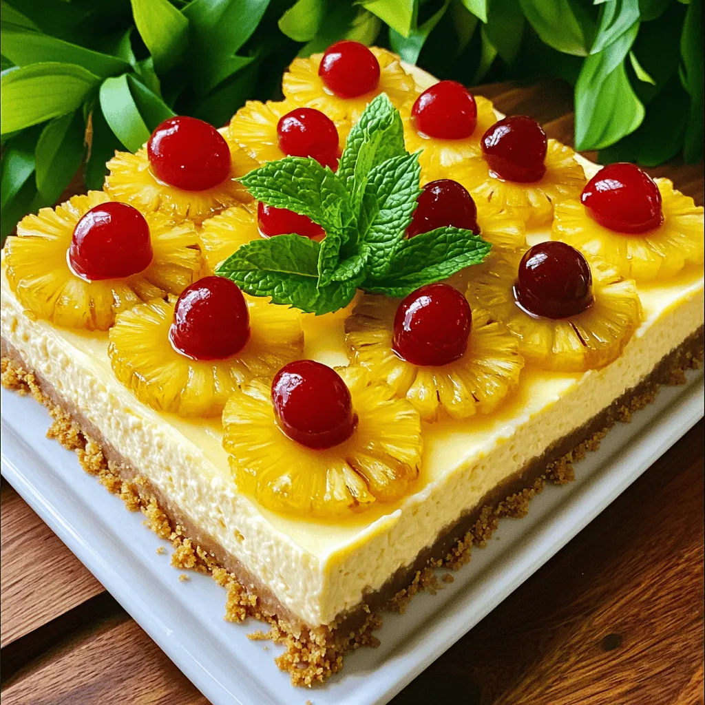 - 1 Tasse zerstoßene Graham-Cracker - 1/4 Tasse ungesalzene Butter, geschmolzen - 1/4 Tasse brauner Zucker - 1 Dose (20 oz) Ananasscheiben im Saft, abgetropft - 1/2 Tasse Maraschino-Kirschen, abgetropft - 2 Tassen Frischkäse, weich - 1 Tasse Zucker - 2 Teelöffel Vanilleextrakt - 3 große Eier - 1 Tasse saure Sahne - 1/4 Tasse frischer Ananassaft - 1 Esslöffel Speisestärke - 1/4 Teelöffel Salz