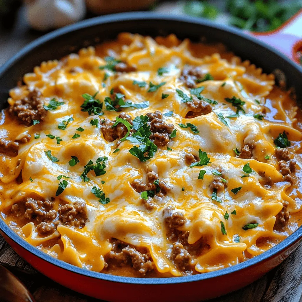 - 225 g Schleifenpasta (Farfalle) - 450 g Rinderhackfleisch - 1 mittelgroße Zwiebel, fein gehackt - 2 Knoblauchzehen, gehackt - 1 Dose (400 g) gewürfelte Tomaten mit Kräutern - 240 ml Rinderbrühe - 100 g geriebener Cheddar-Käse - 100 g geriebener Mozzarella-Käse - 1 Teelöffel italienische Gewürzmischung - Salz und Pfeffer nach Geschmack - 2 Esslöffel Olivenöl - Frische Petersilie, gehackt (zur Garnitur)