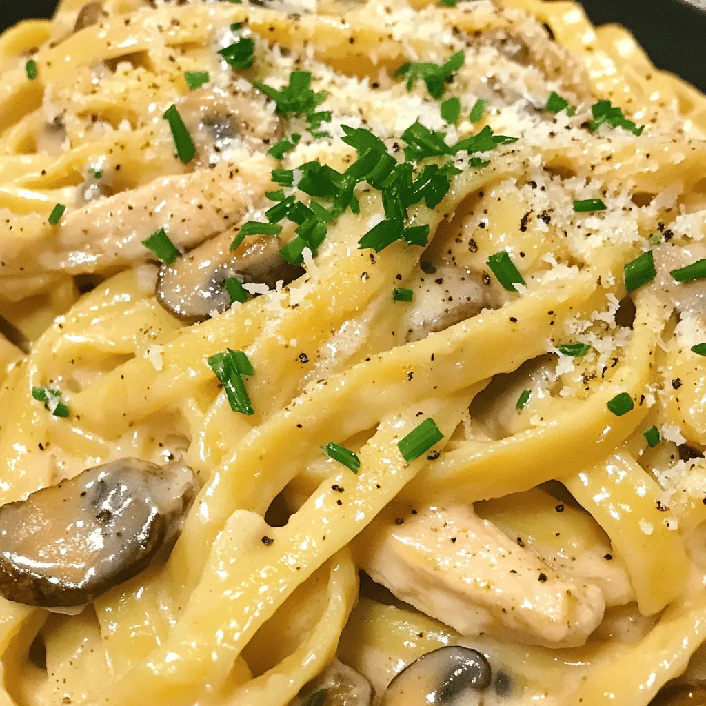 - 300 g Pasta (Fettuccine oder Tagliatelle) - 200 g Hähnchenbrust, in Streifen geschnitten - 200 g Champignons, in Scheiben geschnitten