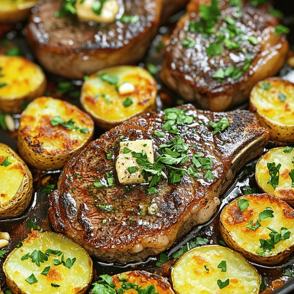 - 2 Rindersteaks (je 250 g, z. B. Ribeye oder Filet) - 500 g kleine Kartoffeln, halbiert - 4 Knoblauchzehen, fein gehackt - 4 Esslöffel Butter - 2 Esslöffel Olivenöl - 1 Teelöffel frischer Rosmarin, gehackt - 1 Teelöffel frischer Thymian, gehackt - Salz und Pfeffer nach Geschmack - Frisch gehackte Petersilie zum Garnieren