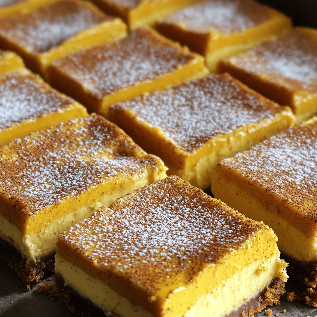 Für diese köstlichen Riegel brauchst du folgende Hauptzutaten: - 1 ½ Tassen Graham-Cracker-Brösel - ½ Tasse ungesalzene Butter, geschmolzen - ¼ Tasse Zucker - 1 Teelöffel Zimt - 1 Dose (15 oz) Kürbispüree - 1 Paket (8 oz) Frischkäse, zimmerwarm - ¾ Tasse Zucker - 2 große Eier - 1 Teelöffel Vanilleextrakt - 1 Teelöffel Muskatnuss - ½ Teelöffel Salz