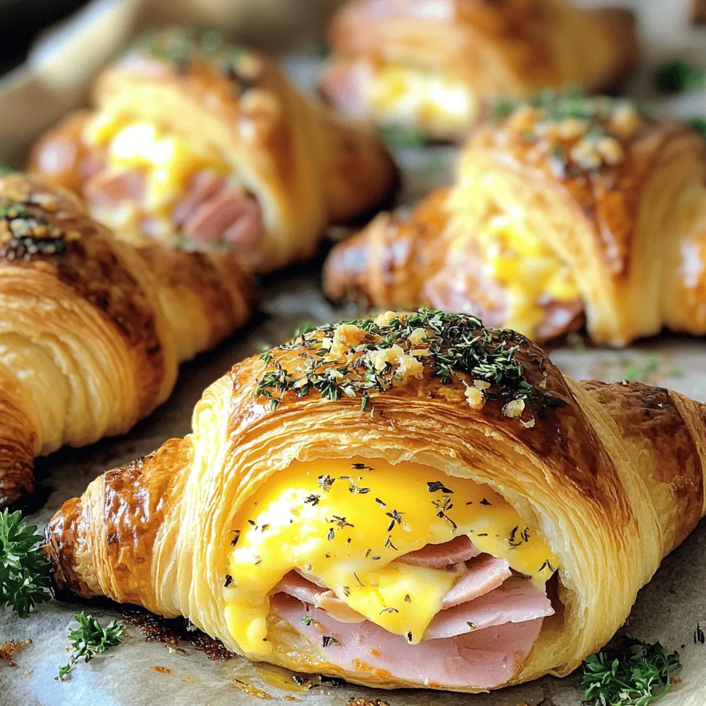 - 6 große buttrige Croissants - 200 g Schinken (gekocht, dünn geschnitten) - 200 g Käse (z.B. Gruyère oder Emmentaler, gerieben)