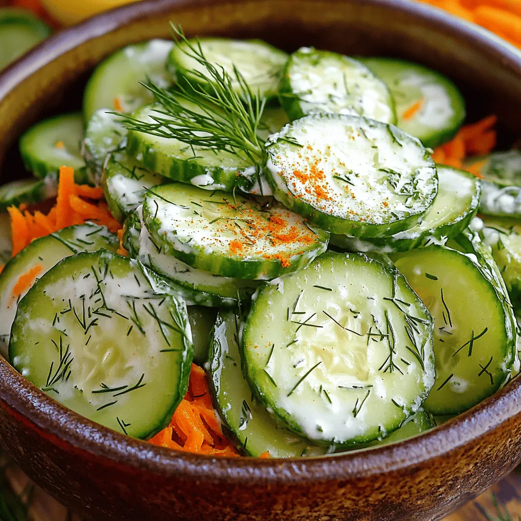 Hier sind die Zutaten für den cremigen Gurken-Möhren-Salat. Diese frischen Zutaten machen den Salat leicht und lecker.