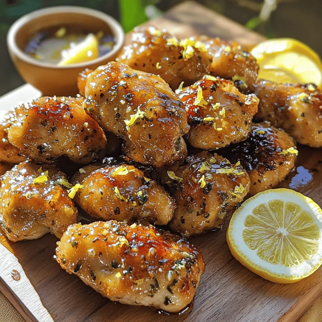Für die Lemon Garlic Chicken Bites brauchst du folgende Zutaten: - 500 g Hähnchenbrustfilet, in Stücke geschnitten - 3 Knoblauchzehen, fein gehackt - 2 Zitronen (Saft und Abrieb) - 3 Esslöffel Olivenöl - 1 Teelöffel Honig - 1 Teelöffel Paprika (geräuchert oder süß) - 1 Teelöffel getrockneter Oregano - Salz und Pfeffer nach Geschmack - Frische Petersilie zum Garnieren