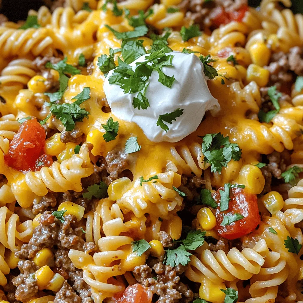 Für diese leckere One-Pan Cheesy Taco Pasta brauchst du: - 225 g Rotini-Pasta - 450 g Rinder- oder Putenhackfleisch - 1 kleine Zwiebel, gewürfelt - 2 Knoblauchzehen, fein gehackt - 1 Packung Taco-Gewürz - 1 Dose (400 g) gewürfelte Tomaten (mit Saft) - 480 ml Rinderbrühe - 240 g schwarze Bohnen, abgewaschen und abgetropft - 160 g gefrorener Mais - 100 g Cheddar-Käse, gerieben - 100 g Pepper Jack Käse, gerieben - Salz und Pfeffer nach Geschmack Jede Zutat spielt eine wichtige Rolle. Die Pasta gibt die Grundlage. Das Hackfleisch bringt den herzhaften Geschmack. Die Bohnen und der Mais fügen eine tolle Textur hinzu. Die Gewürze sind der Schlüssel zu diesem Gericht. Das Taco-Gewürz sorgt für das typische Aroma. Es bringt eine Mischung aus Paprika, Kreuzkümmel und Chili mit. Diese Gewürze verwandeln dein Gericht in ein echtes Geschmackserlebnis. Füge nach Belieben etwas mehr Pfeffer hinzu. Ein Hauch von Cayenne-Pfeffer gibt zusätzliche Schärfe. Du kannst auch frische Kräuter wie Oregano oder Thymian verwenden. Sie bringen Frische und Tiefe in den Geschmack. Garnierungen machen das Gericht besonders. Frischer Koriander ist eine meiner Lieblingsoptionen. Er bringt Farbe und einen frischen Geschmack. Du kannst auch etwas Sauerrahm hinzufügen. Das macht die Pasta noch cremiger. Ein Spritzer Limettensaft gibt einen tollen Kontrast. Wenn du es schärfer magst, probiere Jalapeños. Sie bringen einen knusprigen, würzigen Kick. Diese kleinen Extras machen deine One-Pan Cheesy Taco Pasta noch besser.Zuerst erhitzen Sie eine große Pfanne bei mittlerer Hitze. Fügen Sie 450 g Rinder- oder Putenhackfleisch hinzu. Braten Sie das Fleisch, bis es schön gebräunt ist. Zerteilen Sie es mit einem Spatel. Achten Sie darauf, dass kein rosa Fleisch mehr sichtbar ist. Lassen Sie überschüssiges Fett abtropfen, wenn nötig. Jetzt geben Sie eine kleine gewürfelte Zwiebel und zwei fein gehackte Knoblauchzehen in die Pfanne. Sauté für drei Minuten. Die Zwiebel sollte weich und aromatisch werden. Dann streuen Sie ein Paket Taco-Gewürz über die Mischung. Rühren Sie gut um, damit sich die Gewürze gleichmäßig verteilen. Lassen Sie die Mischung eine weitere Minute kochen, um den Geschmack zu intensivieren. Fügen Sie eine Dose gewürfelte Tomaten, 480 ml Rinderbrühe, 240 g schwarze Bohnen und 160 g gefrorenen Mais in die Pfanne. Rühren Sie alles gut durch, damit alle Zutaten gleichmäßig vermischt sind. Bringen Sie die Mischung zum Kochen. Dann geben Sie 225 g Rotini-Pasta hinzu. Reduzieren Sie die Hitze und decken Sie die Pfanne ab. Lassen Sie die Mischung 10 bis 12 Minuten köcheln. Rühren Sie gelegentlich um, damit die Pasta gleichmäßig gart. Die Pasta sollte al dente sein und die Flüssigkeit größtenteils absorbiert werden. Sobald die Pasta fertig ist, nehmen Sie die Pfanne vom Herd. Rühren Sie 100 g Cheddar-Käse und 100 g Pepper Jack Käse unter. Warten Sie, bis die Käsesorten schmelzen und eine cremige Konsistenz erreichen. Schmecken Sie das Gericht mit Salz und Pfeffer ab. Passen Sie die Würze nach Bedarf an. Garnieren Sie die One-Pan Cheesy Taco Pasta mit frischem, gehacktem Koriander. Optional können Sie auch Sauerrahm dazu servieren. Genießen Sie dieses einfache und köstliche Gericht! Ein häufiger Fehler ist, die Pasta zu lange zu kochen. Dies macht die Pasta matschig. Kochen Sie die Pasta nur bis sie al dente ist. Ein weiterer Fehler ist, zu wenig Flüssigkeit zu verwenden. Achten Sie darauf, genug Brühe hinzuzufügen, damit alles gut kochen kann. Manche vergessen auch, das Hackfleisch gut zu bräunen. Dies gibt dem Gericht mehr Geschmack. Um den Geschmack zu verbessern, verwenden Sie frische Zutaten. Frische Zwiebeln und Knoblauch machen einen großen Unterschied. Fügen Sie auch Limettensaft hinzu, um Frische zu bringen. Ein Hauch von Chili oder scharfer Sauce kann das Gericht aufpeppen. Experimentieren Sie mit verschiedenen Käsesorten für zusätzliche Aromen. Fügen Sie zum Schluss frischen Koriander hinzu. Das gibt dem Gericht einen tollen, frischen Geschmack. Sie können die Zutaten im Voraus schneiden. So sparen Sie Zeit beim Kochen. Kochen Sie die Pasta und das Hackfleisch am Vortag. Lagern Sie sie getrennt im Kühlschrank. Am Tag des Servierens müssen Sie nur alles zusammenfügen. Ein weiterer Tipp: Verwenden Sie eine große Pfanne. So können Sie alles in einem Schritt zubereiten. Dies spart Geschirr und Zeit.{{image_4}} Wenn du eine vegetarische Version von One-Pan Cheesy Taco Pasta machen möchtest, ersetze das Hackfleisch. Du kannst schwarze Bohnen oder Kichererbsen verwenden. Diese Hülsenfrüchte sind nahrhaft und lecker. Für eine vegane Version lasse den Käse weg oder wähle pflanzliche Käsealternativen. Du kannst auch mehr Gemüse hinzufügen, wie Zucchini oder Paprika, um das Gericht noch bunter zu machen. Um den Geschmack zu verstärken, kannst du einige optionale Zutaten hinzufügen. Probiere Jalapeños für Schärfe oder Paprikapulver für eine rauchige Note. Auch frische Limettensaft verleiht dem Gericht einen frischen Kick. Avocado als Topping bringt Cremigkeit und passt gut zu den Aromen. Experimentiere mit diesen Zutaten, um deinen eigenen Geschmack zu finden. Die Käsesorten sind wichtig für das Aroma. Du kannst andere Käsesorten ausprobieren, um das Gericht zu verändern. Mozzarella gibt einen milden, cremigen Geschmack. Gouda bringt einen süßen und rauchigen Geschmack. Wenn du es würziger magst, benutze mehr Pepper Jack Käse oder sogar Feta. Diese Variationen machen dein Gericht spannend und einzigartig.Die One-Pan Cheesy Taco Pasta ist einfach im Kühlschrank zu lagern. Lassen Sie das Gericht zuerst abkühlen. Verwenden Sie dann einen luftdichten Behälter. So bleibt es frisch. Es hält sich bis zu drei Tage. Wenn Sie es länger aufbewahren möchten, sollten Sie es einfrieren. Für das Einfrieren ist diese Pasta ideal. Teilen Sie die Reste in Portionen auf. Nutzen Sie gefrierfeste Behälter oder Beutel. Achten Sie darauf, die Luft herauszudrücken. So verhindern Sie Gefrierbrand. Sie können die Pasta bis zu drei Monate einfrieren. Beschriften Sie die Behälter mit Datum und Inhalt. Um die Pasta wieder aufzuwärmen, nehmen Sie sie aus dem Kühlschrank oder Gefrierschrank. Für die beste Textur empfehle ich, die Pasta in einer Pfanne zu erhitzen. Fügen Sie etwas Wasser oder Brühe hinzu. So bleibt die Pasta feucht. Erhitzen Sie sie bei mittlerer Hitze. Rühren Sie regelmäßig um, bis sie heiß ist. Sie können auch die Mikrowelle verwenden, aber die Pfanne bringt mehr Geschmack zurück. Genießen Sie Ihr leckeres Gericht! Die One-Pan Cheesy Taco Pasta hält sich gut im Kühlschrank. Sie bleibt frisch für etwa 3 bis 5 Tage. Bewahren Sie die Reste in einem luftdichten Behälter auf. So bleibt der Geschmack erhalten. Wenn Sie die Pasta länger aufbewahren möchten, frieren Sie sie ein. Im Gefrierschrank hält sie bis zu drei Monate. Achten Sie darauf, die Pasta vor dem Einfrieren gut abzukühlen. Ja, Sie können die Pasta ohne Fleisch machen. Ersetzen Sie das Hackfleisch durch schwarze Bohnen oder Linsen. Diese Optionen bieten eine gute Proteinquelle. Auch Tofu oder Gemüse wie Zucchini und Paprika passen gut. Passen Sie die Gewürze nach Ihrem Geschmack an. So bleibt das Gericht köstlich und nahrhaft. Ein frischer Salat passt sehr gut zu dieser Pasta. Ein einfacher grüner Salat mit Limetten-Dressing ist eine tolle Wahl. Auch Tortilla-Chips mit Salsa sind eine gute Beilage. Sie bringen einen knusprigen Kontrast. Wenn Sie etwas Schärfe mögen, servieren Sie Jalapeños oder Guacamole dazu. Diese Beilagen machen Ihr Essen noch besser! Die One-Pan Cheesy Taco Pasta ist einfach zuzubereiten und voller Geschmack. Wir haben die Hauptzutaten, Gewürze und tolle Garnierungen besprochen. Ich erklärte die Schritte von der Vorbereitung bis zum Servieren, damit du einen großartigen Genuss erlebst. Wir sahen auch häufige Fehler und Tipps zur Geschmacksverbesserung. Denke an die leckeren Variationen und Lagerungshinweise. Mit den richtigen Tipps machst du das Gericht sogar noch besser. Nutze die Rezepte, um deine Freunde zu beeindrucken und genieße jede Biss davon!