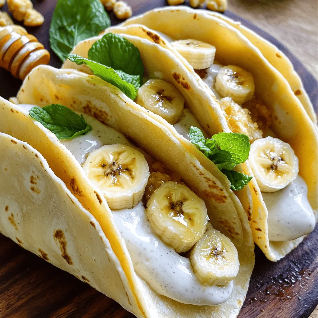 Für Bananenpudding-Tacos brauchst du einige einfache Zutaten. Du benötigst vier kleine Tortillas, die du aus Mais oder Mehl machen kannst. Dann nimm zwei reife Bananen und schneide sie in Scheiben. Du brauchst auch eine Tasse Vanillepudding. Dieser kann im Laden gekauft oder selbst gemacht werden. Für die Creme nimm eine halbe Tasse Schlagsahne und verrühre sie. Optional kannst du auch eine viertel Tasse gehackte Walnüsse oder Mandeln hinzufügen. Honig oder Agavensirup helfen, die Süße zu verstärken. Eine Prise Zimt gibt eine besondere Note. Frische Minzblätter sind perfekt zum Garnieren.
