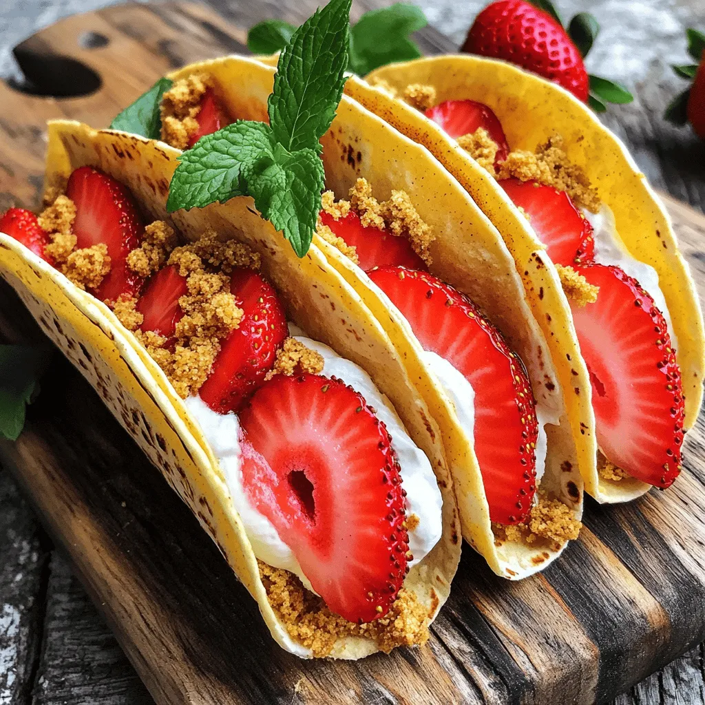 Hier sind die Hauptzutaten, die du für die Erdbeer-Crunch-Cheesecake-Tacos brauchst: - 1 ½ Tassen Erdbeeren, gewaschen und in Scheiben geschnitten - 8 Unzen Frischkäse, zimmerwarm - ½ Tasse Puderzucker - 1 Teelöffel Vanilleextrakt - 1 Tasse Schlagsahne - 8 kleine Tortillas aus Weizen oder Mais - 1 Tasse Graham-Cracker-Brösel - ¼ Tasse geschmolzene Butter - 2 Esslöffel Zucker - Eine Prise Salz - Frische Minze zum Garnieren (optional)