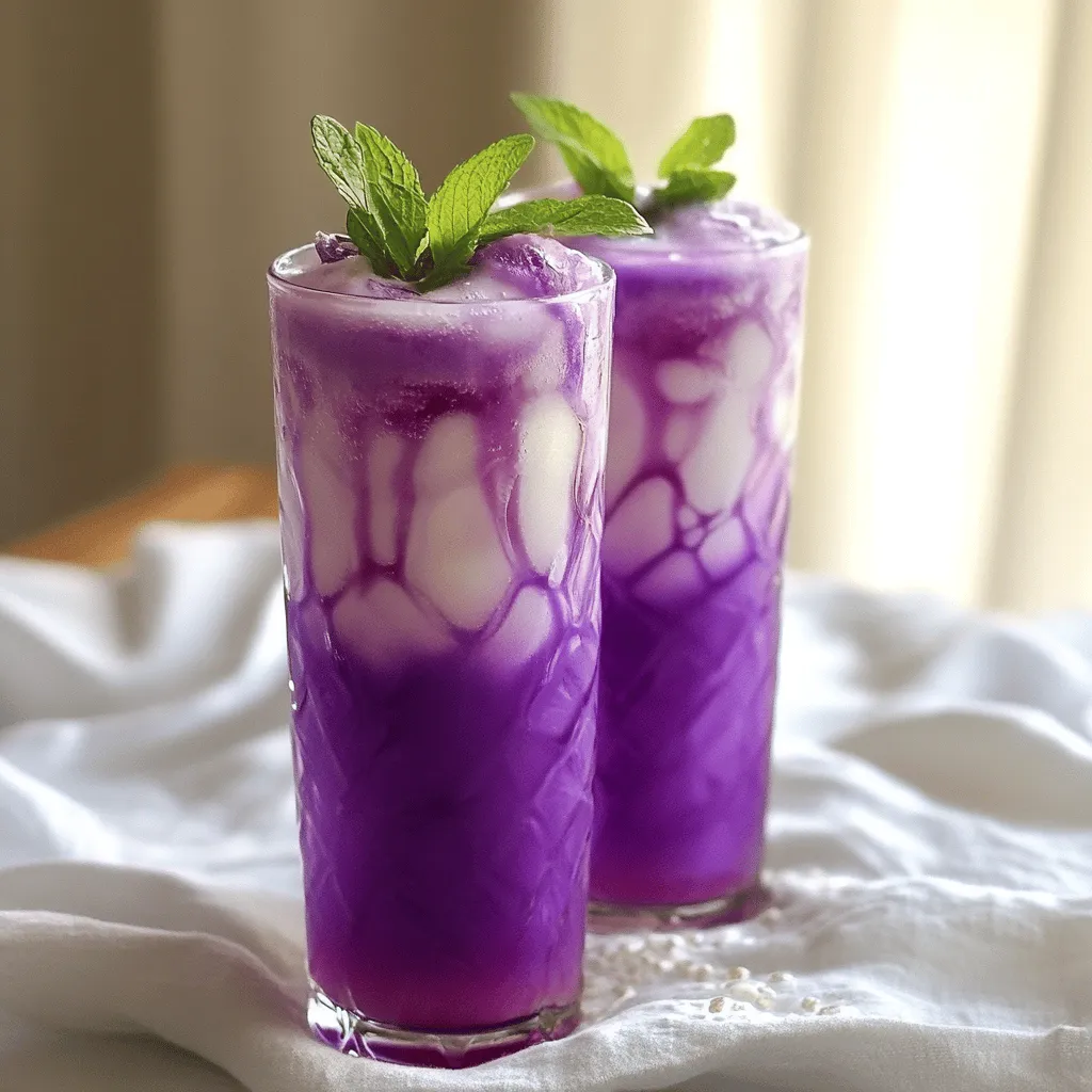 Um ein zuckerfreies Heidelbeer-Italian Cream Soda zuzubereiten, beginnen wir mit den Zutaten. Du benötigst eine Tasse frische oder gefrorene Heidelbeeren. Außerdem brauchst du Sprudelwasser, Sahne oder Pflanzencreme, Zuckeraustauschstoffe wie Erythrit, Vanilleextrakt, Eiswürfel und frische Minze für die Dekoration.