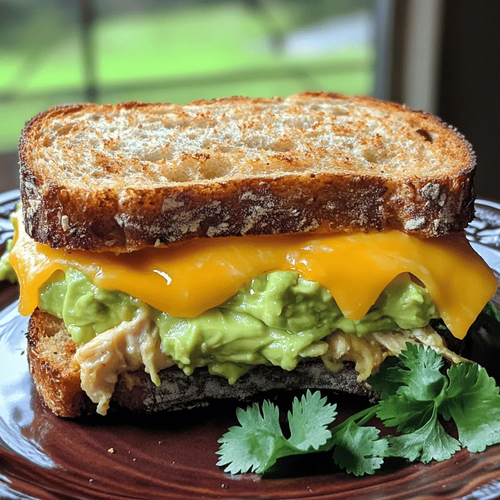 - Zwei Scheiben ganz-körniges Brot - Eine Hähnchenbrust, gekocht und zerkleinert oder geschnitten - Eine reife Avocado - 1/4 Tasse Cheddar-Käse, gerieben - 1/4 Tasse Mayonnaise