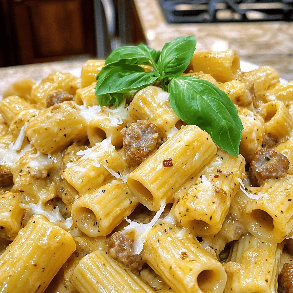 Für die cremigen Wurst-Rigatoni benötigst du einige einfache und frische Zutaten: - 340 g Rigatoni-Pasta - 450 g italienische Wurst (mild oder scharf, ohne Pelle) - 1 mittelgroße Zwiebel, fein gehackt - 3 Knoblauchzehen, gehackt - 240 ml Schlagsahne - 240 ml Hühnerbrühe - 100 g frisch geriebener Parmesan - 1 Teelöffel italienische Gewürzmischung - 1/2 Teelöffel rote Pfefferflocken (optional) - Salz und Pfeffer nach Geschmack - Frische Basilikumblätter zur Garnierung - Olivenöl zum Braten Diese Zutaten machen das Gericht so lecker und cremig. Die Wurst bringt einen tollen Geschmack, während die Sahne alles schön verbindet. Die Wurst liefert dir viel Eiweiß, was wichtig für deine Muskeln ist. Die Zwiebel und der Knoblauch haben viele Antioxidantien. Sie helfen deinem Immunsystem. Parmesan gibt dir Kalzium, das gut für deine Knochen ist. Die Sahne sorgt für eine cremige Textur, macht das Gericht aber auch kalorienreich. Wenn du eine spezielle Diät hast, gibt es viele Alternativen: - Verwende glutenfreie Pasta, um das Gericht glutenfrei zu machen. - Statt Wurst kannst du pflanzliche Wurst oder Tofu nutzen, um es vegan zu machen. - Für eine leichtere Version kannst du die Sahne durch griechischen Joghurt ersetzen. Diese Alternativen helfen dir, das Rezept nach deinem Geschmack anzupassen. Du kannst auch die Gewürze variieren, um neue Aromen zu entdecken.Kochen Sie die Rigatoni-Pasta in einem großen Topf. Verwenden Sie gesalzenes Wasser. Bringen Sie das Wasser zum Kochen. Geben Sie die Rigatoni hinein und kochen Sie sie al dente. Dies dauert etwa 10-12 Minuten. Gießen Sie die Pasta ab, aber heben Sie 120 ml Nudelwasser auf. Stellen Sie die Pasta beiseite. Erhitzen Sie etwas Olivenöl in einer großen Pfanne. Verwenden Sie mittlere Hitze. Fügen Sie die gehackte Zwiebel hinzu. Braten Sie sie für 3-4 Minuten, bis sie glasig ist. Geben Sie dann den gehackten Knoblauch dazu und braten Sie ihn für eine weitere Minute. Fügen Sie die italienische Wurst hinzu und zerdrücken Sie sie mit einem Holzlöffel. Braten Sie die Wurst für 5-7 Minuten. Sie sollte braun und durchgegart sein. Jetzt kommt der spannende Teil! Rühren Sie die Schlagsahne und Hühnerbrühe in die Pfanne. Fügen Sie die italienische Gewürzmischung und die roten Pfefferflocken hinzu. Lassen Sie die Mischung sanft köcheln. Nach etwa 5 Minuten wird die Sauce leicht dicker. Fügen Sie dann den frisch geriebenen Parmesan hinzu und rühren Sie ihn gut ein. Schmecken Sie die Sauce mit Salz und Pfeffer ab. Geben Sie die gekochten Rigatoni in die Pfanne mit der Wurstsoße. Vermengen Sie alles gut. Wenn die Sauce zu dick ist, fügen Sie etwas vom reservierten Nudelwasser hinzu. Rühren Sie, bis die Pasta gut bedeckt ist. Servieren Sie die cremigen Wurst-Rigatoni sofort. Garnieren Sie das Gericht mit frischen Basilikumblättern. Das sieht nicht nur toll aus, sondern schmeckt auch frisch! Für eine cremige Sauce ist frische Sahne wichtig. Sie macht die Sauce reichhaltig. Ich empfehle, die Sahne langsam hinzuzufügen. So vermischt sie sich gut mit den anderen Zutaten. Verwenden Sie auch frisch geriebenen Parmesan. Er schmilzt besser und gibt mehr Geschmack. Achten Sie darauf, die Sauce sanft köcheln zu lassen. So wird sie dick und aromatisch. Wenn die Sauce zu dick ist, fügen Sie etwas Nudelwasser hinzu. Das macht sie geschmeidig. Ein häufiger Fehler ist, die Wurst nicht gut zu braten. Sie sollte schön braun sein. Andernfalls fehlt der Geschmack. Auch das Salzen des Nudelwassers ist wichtig. Dies gibt der Pasta Geschmack. Ein weiterer Fehler ist, die Sahne zu früh hinzuzufügen. Sie sollte erst kommen, wenn die Wurst fast fertig ist. So bleibt die Sauce frisch und lecker. Um Zeit zu sparen, können Sie die Zwiebel und den Knoblauch im Voraus hacken. Lagern Sie sie im Kühlschrank, bis Sie bereit sind zu kochen. Sie können auch die Pasta während der Sauce kochen. So sind beide gleichzeitig fertig. Ein weiterer Tipp ist, alles gut vorzubereiten. Stellen Sie alle Zutaten bereit. So geht das Kochen schnell und ohne Stress. Wenn Sie Reste haben, können Sie diese schnell aufwärmen. Das spart Zeit am nächsten Tag. Für das gesamte Rezept, schauen Sie sich das Rezept für cremige Wurst-Rigatoni an. {{image_4}} Wenn du eine vegetarische Option möchtest, gibt es tolle Alternativen. Statt italienischer Wurst kannst du pflanzliche Wurst verwenden. Diese gibt es in vielen Geschmacksrichtungen. Du kannst auch eine Mischung aus Pilzen und Gemüse nutzen. Champignons und Zucchini passen hervorragend in die Soße. Sie geben einen reichen Geschmack und sind gesund. Um deinem Gericht mehr Geschmack zu verleihen, füge zusätzliches Gemüse hinzu. Spinat, Erbsen oder Paprika bringen Farbe und Nährstoffe. Du kannst auch eine Prise Zitronenschale hinzufügen. Das macht die Soße frisch und lecker. Für mehr Tiefe, probiere etwas geräucherten Paprika oder eine kleine Menge Senf. Diese Zutaten bieten eine neue Geschmacksdimension. Rigatoni ist großartig, aber du kannst auch andere Pastaformen verwenden. Penne oder Fusilli funktionieren gut mit dieser Soße. Die Sauce haftet gut an den Röhren und Spiralen. Für eine glutenfreie Variante, wähle Linsen- oder Kichererbsenpasta. Diese Optionen sind nahrhaft und lecker. Du kannst die Pasta je nach Vorliebe und Diät anpassen.Um die Reste Ihrer cremigen Wurst-Rigatoni frisch zu halten, legen Sie sie in einen luftdichten Behälter. Achten Sie darauf, das Gericht vollständig abkühlen zu lassen, bevor Sie es lagern. So vermeiden Sie Kondenswasser im Behälter. Stellen Sie sicher, dass Sie die Reste innerhalb von zwei Stunden nach dem Kochen aufbewahren. Dies hilft, die Frische und den Geschmack zu bewahren. Wenn Sie die Reste aufwärmen möchten, verwenden Sie eine Mikrowelle. Geben Sie die Portion in eine mikrowellengeeignete Schüssel. Fügen Sie einen kleinen Spritzer Wasser oder etwas Nudelwasser hinzu, um die Feuchtigkeit zu erhalten. Decken Sie die Schüssel mit einem Mikrowellenabdeckhaube ab. Erwärmen Sie das Gericht in Intervallen von 1 bis 2 Minuten. Rühren Sie zwischendurch um, um eine gleichmäßige Erwärmung zu gewährleisten. Im Kühlschrank bleibt Ihre cremige Wurst-Rigatoni bis zu fünf Tage frisch. Stellen Sie sicher, dass der Behälter gut verschlossen ist. Wenn Sie die Wurst-Rigatoni länger aufbewahren möchten, können Sie sie auch einfrieren. In einem gefrierbaren Behälter oder Beutel hält sie sich bis zu drei Monate. Achten Sie darauf, die Luft herauszudrücken, um Gefrierbrand zu vermeiden. Zum Auftauen legen Sie die gefrorene Portion einfach über Nacht in den Kühlschrank. Um die Gewürze zu variieren, können Sie verschiedene Kräuter verwenden. Basilikum, Oregano und Thymian passen gut zu diesem Gericht. Wenn Sie es schärfer mögen, fügen Sie mehr rote Pfefferflocken hinzu. Experimentieren Sie auch mit geräuchertem Paprika oder Knoblauchpulver. Diese Änderungen bringen neue Aromen in Ihre Wurst-Rigatoni. Seien Sie kreativ und finden Sie Ihre Lieblingskombination. Dieses Rezept enthält Gluten und Milchprodukte. Daher ist es nicht für alle Allergiker geeignet. Wenn Sie Gluten meiden, verwenden Sie glutenfreie Pasta. Für Milchprodukte können Sie pflanzliche Sahne verwenden. Achten Sie darauf, die Wurst zu wählen, die keine Allergene hat. Es ist wichtig, die Etiketten sorgfältig zu lesen, um sicherzustellen, dass alle Zutaten für Ihre speziellen Bedürfnisse geeignet sind. Ja, Sie können die Creme ersetzen. Eine gute Alternative ist griechischer Joghurt oder pflanzliche Sahne. Diese Optionen geben Ihnen eine ähnliche Cremigkeit. Sie können auch ein wenig Gemüsebrühe oder Tomatensauce hinzufügen, um die Sauce leicht zu verändern. Achten Sie darauf, die Konsistenz der Sauce anzupassen, um das beste Ergebnis zu erzielen.Die Zutaten für cremige Wurst-Rigatoni sind einfach und lecker. Eine gute Balance aus Nährstoffen macht das Gericht gesund. Die Schritt-für-Schritt-Anleitung hilft dir beim Kochen. Unsere Tipps zeigen, wie du Fehler vermeidest und Zeit sparst. Variationen ermöglichen dir neue Geschmäcker. Achte auf die Lagerung für frische Reste. Insgesamt ist dieses Gericht vielseitig und leicht anpassbar. Lass deiner Kreativität freien Lauf und genieße die Ergebnisse!