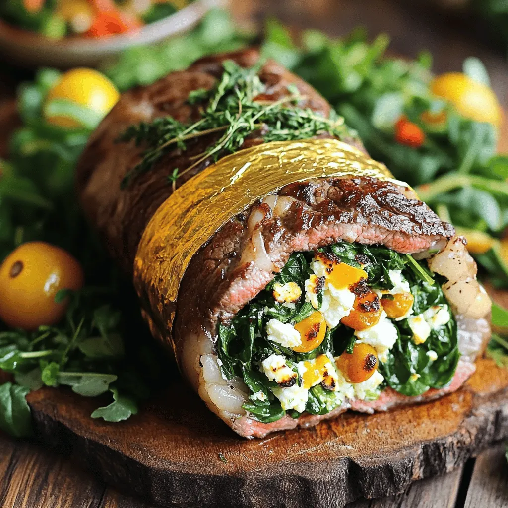 Um gefülltes Flanksteak zuzubereiten, benötigst du frische und schmackhafte Zutaten. Die Hauptzutaten sind Flanksteak, frischer Spinat, Feta-Käse und getrocknete Tomaten. Du brauchst auch Knoblauch, Zwiebeln, Gewürze und Olivenöl.