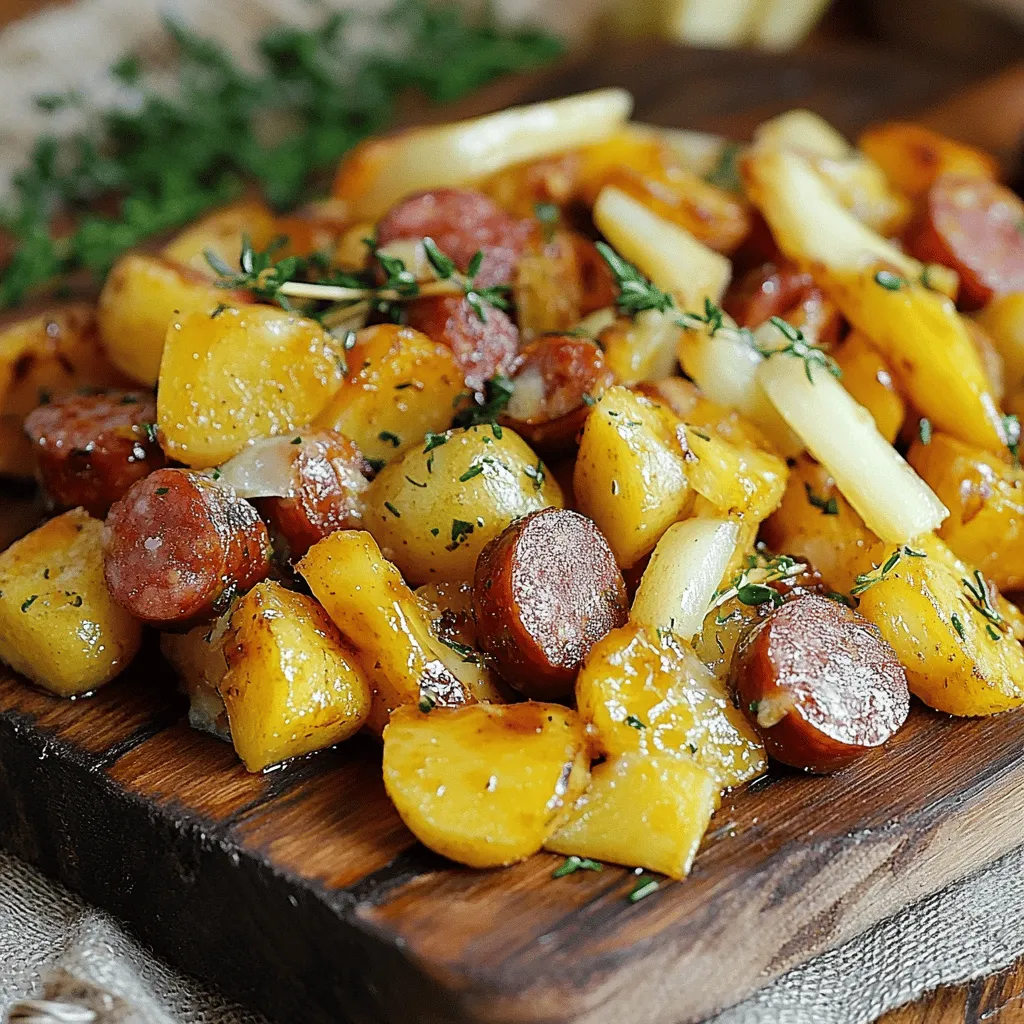 - 500 g festkochende Kartoffeln - 250 g polnische Wurst (z. B. Kielbasa) - 1 große Zwiebel - 2 Knoblauchzehen