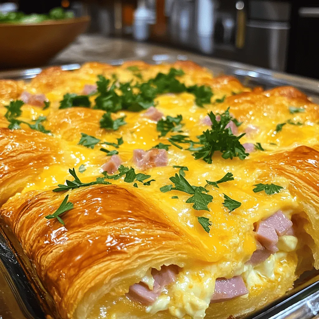 - 6 frische Croissants, grob zerteilt - 200 g Schinken, gewürfelt - 200 g geriebener Käse (z. B. Cheddar oder Gouda) - 4 große Eier - 300 ml Milch