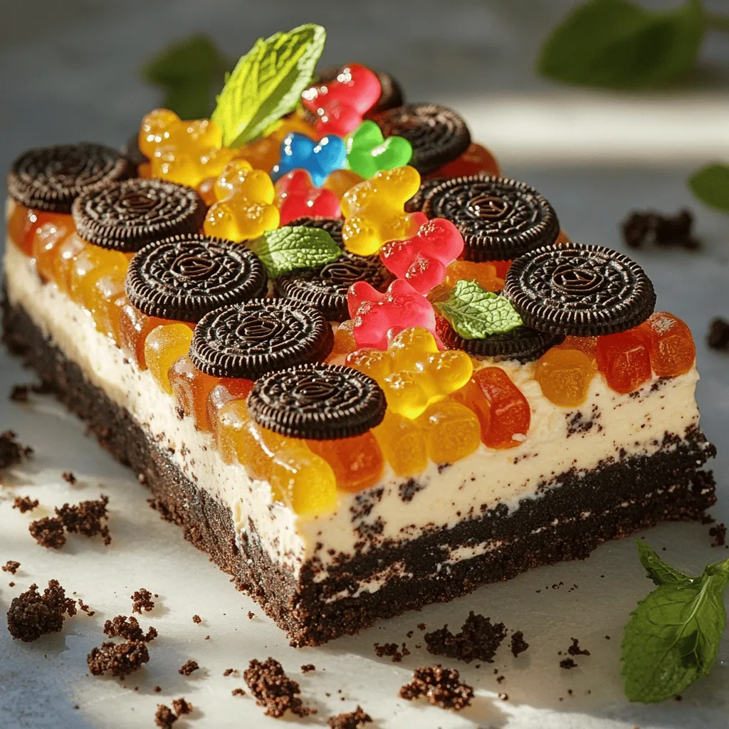 - 2 Pakete Oreos - 100 g Butter, geschmolzen - 400 g Frischkäse, zimmerwarm - 200 g Puderzucker - 500 ml Schlagsahne - 1 Teelöffel Vanilleextrakt - 1 Tasse Gummibärchen oder Schokolinsen