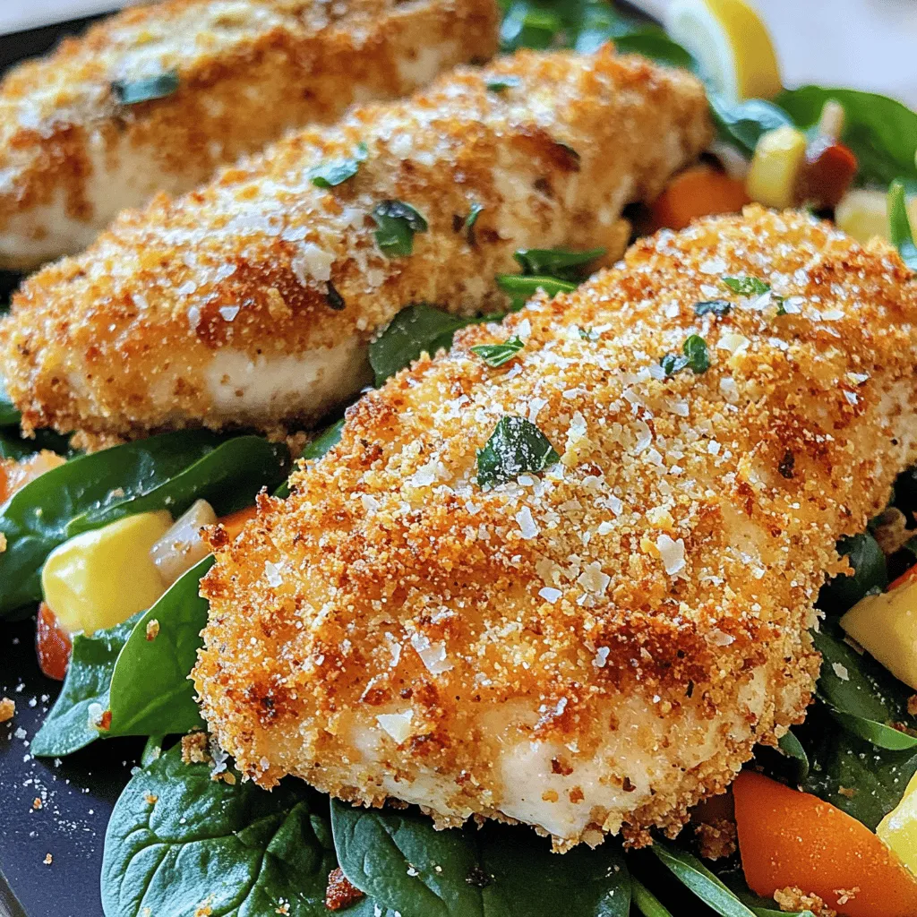 - 4 Hähnchenbrustfilets (ca. 600g) - 1 Tasse Paniermehl - 1 Tasse frisch geriebener Parmesan - 1 TL Knoblauchpulver - 1 TL Paprikapulver - 1 TL getrockneter Oregano - 1/2 Tasse Allzweckmehl - 2 Eier - 1/4 Tasse Milch - Salz und Pfeffer nach Geschmack - 1/4 Tasse Olivenöl