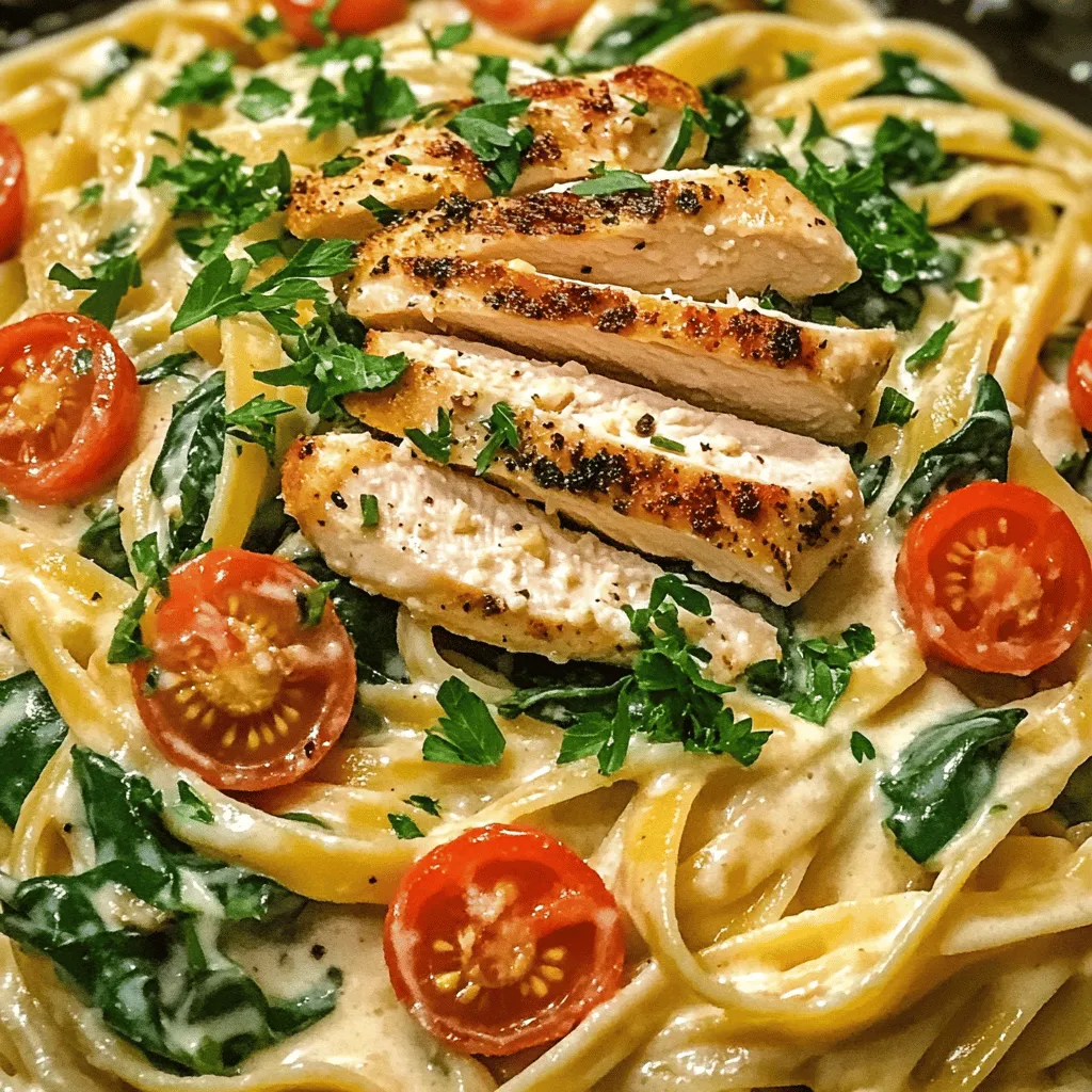 Für dieses köstliche Gericht brauche ich folgende Zutaten: - 2 Hähnchenbrustfilets, ohne Knochen und Haut - 225 g Fettuccine oder Spaghetti - 4 Esslöffel ungesalzene Butter - 4 Knoblauchzehen, fein gehackt - 240 ml Schlagsahne - 100 g geriebener Parmesan - 150 g Kirschtomaten, halbiert - 60 g frischer Spinat - Salz und Pfeffer nach Geschmack - Frische Petersilie, gehackt (zur Garnitur) Diese Zutaten sind die Basis für die cremige Knoblauch-Hühnchen und Parmesan-Pasta. Die Kombination von Knoblauch und Parmesan macht das Gericht besonders lecker. Falls du keine Hähnchenbrust hast, kannst du Hähnchenschenkel verwenden. Sie sind saftig und lecker. Für eine vegetarische Option nutze Tofu oder Champignons. Wenn du keinen Parmesan hast, kann Pecorino oder Cheddar eine gute Wahl sein. Auch die Nudeln kannst du variieren. Vollkornnudeln sind eine gesunde Alternative. Um dieses Gericht zu kochen, benötige ich einige wichtige Utensilien: - Ein großer Kochtopf für die Pasta - Eine große Pfanne für das Hühnchen und die Soße - Ein Schneidebrett und ein scharfes Messer - Eine Schöpfkelle, um die Pasta abzugießen - Ein Holzlöffel zum Rühren Mit diesen Utensilien kannst du die cremige Knoblauch-Hühnchen und Parmesan-Pasta ganz einfach zubereiten. Das Rezept wird dir sicher viel Freude bereiten.Koche einen großen Topf mit Wasser. Füge reichlich Salz hinzu. Sobald das Wasser kocht, gib die Fettuccine oder Spaghetti hinein. Koche die Pasta nach Packungsanleitung, bis sie al dente ist. Das dauert meist etwa 8 bis 10 Minuten. Bevor du die Pasta abgießt, bewahre 240 ml des Kochwassers auf. Gieße die Pasta ab und stelle sie beiseite. Würze die Hähnchenbrustfilets mit Salz und Pfeffer. Erhitze eine große Pfanne auf mittlerer Stufe und schmelze 2 Esslöffel Butter darin. Lege die Hähnchenbrüste in die Pfanne. Brate sie etwa 6 bis 7 Minuten pro Seite. Das Hühnchen ist fertig, wenn es eine Innentemperatur von 75 °C erreicht hat. Nimm das Hühnchen aus der Pfanne und lass es ein paar Minuten ruhen. Schneide es dann in Streifen. In der gleichen Pfanne gib die restlichen 2 Esslöffel Butter hinzu. Füge den gehackten Knoblauch dazu und brate ihn für etwa 1 Minute. Achte darauf, dass er nicht verbrennt. Gieße die Schlagsahne hinein und rühre um. Lass die Soße leicht simmern. Jetzt füge den geriebenen Parmesan, die Kirschtomaten und den frischen Spinat hinzu. Koche das Ganze für 2 bis 3 Minuten, bis der Spinat welkt. Wenn die Soße zu dick ist, nutze das reservierte Pastawasser, um die Konsistenz zu verbessern. Nun kombiniere die gekochte Pasta und die geschnittenen Hähnchenstreifen mit der Soße in der Pfanne. Mische alles vorsichtig, damit die cremige Knoblauchsoße gleichmäßig verteilt ist. Schmecke das Gericht mit Salz und Pfeffer ab. Jetzt kannst du das cremige Knoblauch-Hühnchen und die Pasta auf Tellern anrichten. Vergiss nicht, es mit frischer Petersilie zu garnieren.Um eine cremige Sauce zu machen, achte auf die Temperatur. Schmelze die Butter bei mittlerer Hitze. Füge den Knoblauch schnell hinzu, damit er nicht verbrennt. Verwende frische Sahne für den besten Geschmack. Rühre den Parmesan gut ein, bis er schmilzt. Wenn die Sauce zu dick ist, gib etwas vom Pastawasser dazu. So erhält die Sauce die richtige Konsistenz. Um saftiges Hühnchen zu bekommen, achte auf die Garzeit. Brate das Hühnchen nicht zu lange. Jedes Stück sollte etwa 6-7 Minuten pro Seite braten. Lass das Hühnchen nach dem Braten ruhen, damit die Säfte bleiben. Schneide das Hühnchen erst nach ein paar Minuten. So bleibt es zart und saftig. Zu cremigem Knoblauch-Hühnchen passen viele Beilagen. Probiere frisches Gemüse wie Brokkoli oder grüne Bohnen. Ein einfacher grüner Salat ist auch lecker. Wenn du etwas mehr möchtest, serviere knuspriges Brot dazu. Das Brot passt gut zur Sauce und macht das Essen noch besser. Du kannst auch einen fruchtigen Salat als Beilage wählen. {{image_4}} Wenn du eine vegetarische Option möchtest, tausche das Hühnchen gegen gebratene Champignons oder Zucchini. Diese Gemüse geben einen tollen Geschmack und die richtige Textur. Du kannst auch Tofu verwenden. Tofu nimmt Aromen gut auf und wird schön cremig in der Soße. Füge für mehr Geschmack frische Kräuter wie Basilikum oder Oregano hinzu. Ein Spritzer Zitronensaft bringt Frische in das Gericht. Wenn du es würziger magst, verwende rote Paprikaflocken. Auch Erbsen oder Brokkoli passen gut in die Mischung und sorgen für Farbe. Um das Gericht glutenfrei zu machen, wähle glutenfreie Pasta. Du kannst auch die Sahne durch pflanzliche Alternativen wie Kokosmilch ersetzen. Achte darauf, dass der Parmesan vegan ist, falls du Milchprodukte meidest. So bleibt das Rezept für jeden genießbar und lecker. Für das komplette Rezept schau bitte in den Abschnitt 