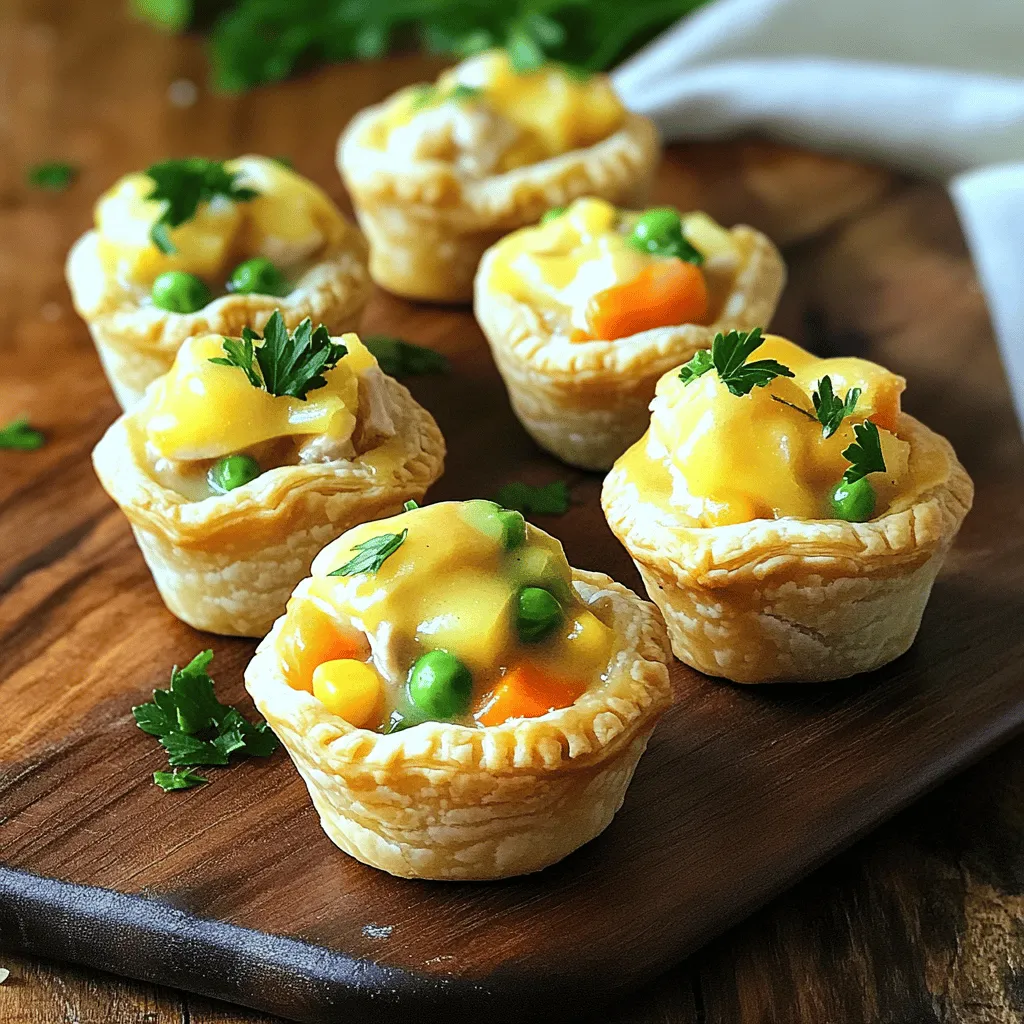 - 2 Tassen gekochtes Hähnchenbrustfilet, gewürfelt - 1 Tasse gefrorenes Gemüse (Karotten, Erbsen, Mais) - 1 Packung Blätterteig (etwa 400 g)