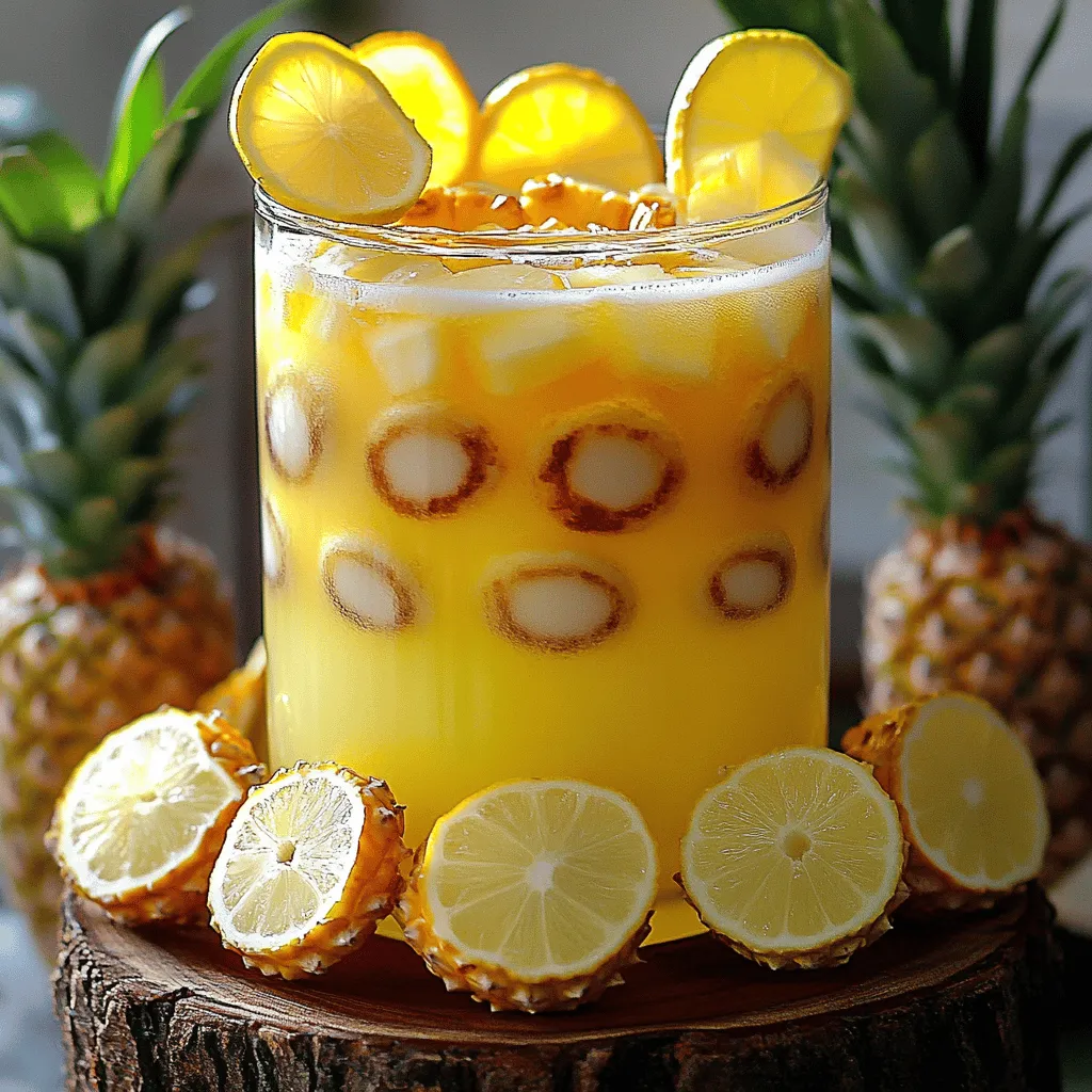 Um den Limonen-Ananas-Eistee zuzubereiten, brauchst du nur ein paar einfache Zutaten. Du benötigst Wasser, schwarzen Tee, frischen Ananassaft, Zitronensaft und etwas Honig. Auch frische Ananasstücke und Eiswürfel sind wichtig für den perfekten Genuss. Für die Garnitur eignen sich Zitronenscheiben und Minzblätter.