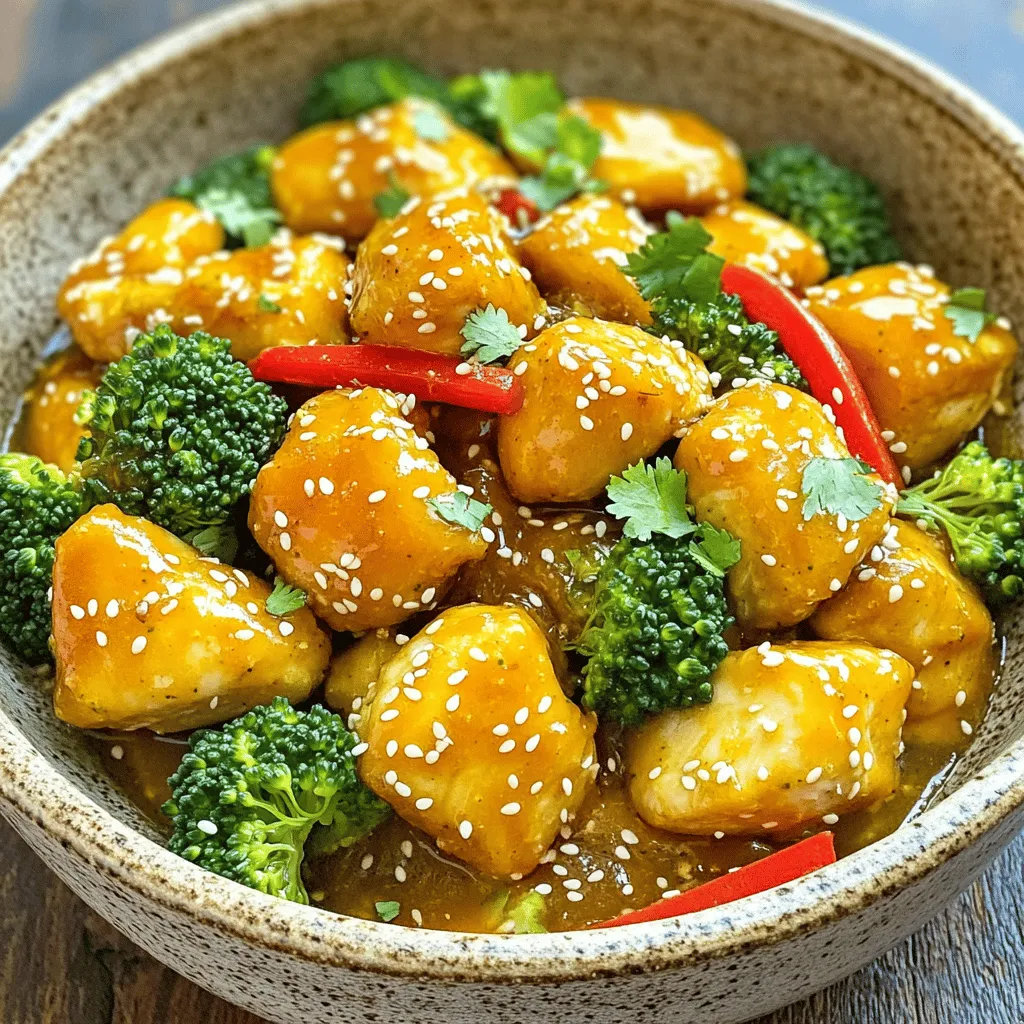 - 500 g Hähnchenbrustfilet, gewürfelt - 1 Tasse frisch gepresster Orangensaft - 2 Esslöffel Honig - 1 Esslöffel Sojasauce (reduzierter Salzgehalt) - 1 Teelöffel Ingwer, gerieben - 2 Knoblauchzehen, fein gehackt - 1 Esslöffel Maisstärke - 2 Esslöffel Olivenöl - 1 Paprika, in Streifen geschnitten - 1 Tasse Brokkoliröschen - Sesamsamen zum Garnieren - Frischer Koriander für die Garnitur - Salz und Pfeffer nach Geschmack