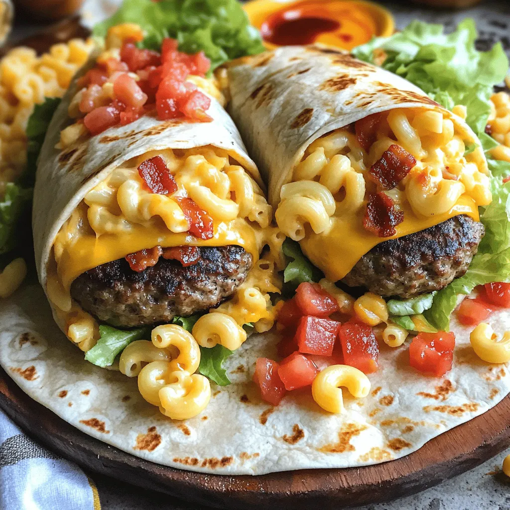 Um den Bacon Mac’n’Cheese Burger Wrap zuzubereiten, benötigst du einige einfache Zutaten. Du brauchst zwei Burger-Patties, die aus Rindfleisch oder pflanzlich sein können. Für den Wrap kommen auch vier Scheiben knusprigen Bacon, eine Tasse gekochte Makkaroni, eine Tasse geriebenen Cheddar-Käse und eine halbe Tasse Milch hinzu. Butter, Mehl, Knoblauchpulver, Salz und Pfeffer sind ebenfalls wichtig. Vergiss nicht die großen Tortillas und frisches Gemüse wie Salat und Tomaten.