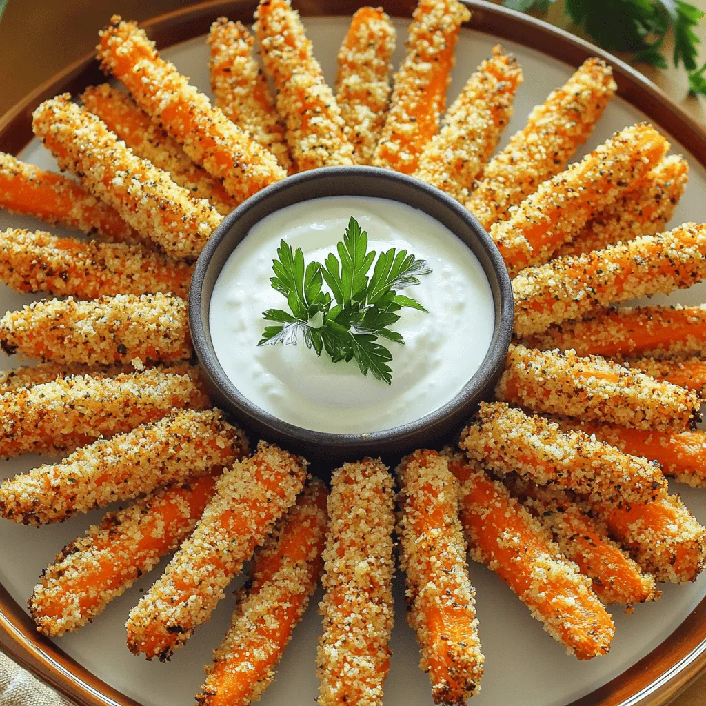 - 4 große Karotten, geschält und in dünne Sticks geschnitten - 1 Tasse geriebener Parmesan-Käse - 1/2 Tasse Semmelbrösel (idealerweise Panko)