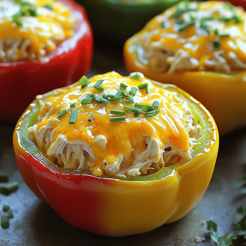 - 4 große Paprika (jede Farbe) - 400g Hähnchenbrustfilet, gekocht und zerkleinert - 100g Frischkäse, zimmerwarm