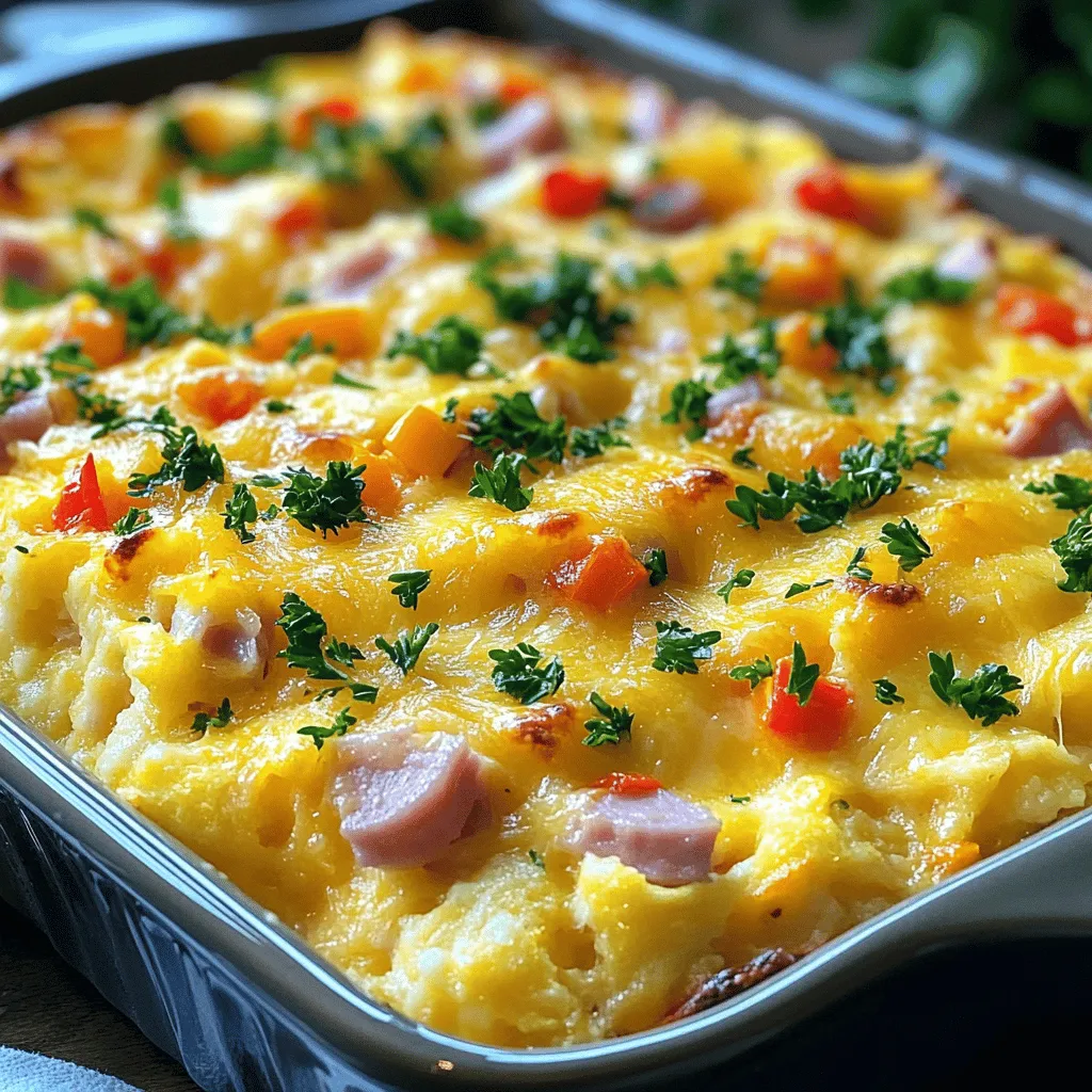 Für diesen Auflauf brauchst du: - 6 Eier - 1 Tasse Milch - 1 Tasse geriebener Cheddar-Käse - 1 Tasse gewürfelter Schinken - 1 Tasse gewürfelte Paprika (rot und grün) - 1 Tasse gewürfelte Zwiebel