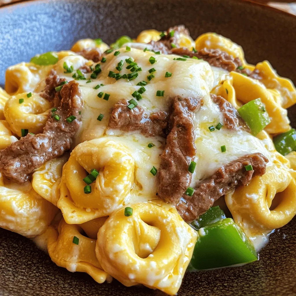 - 300 g Tortellini (käsegefüllt) - 250 g Rinderfilet, in dünne Streifen geschnitten - 1 mittelgroße Zwiebel, gewürfelt - 1 mittelgroße grüne Paprika, gewürfelt