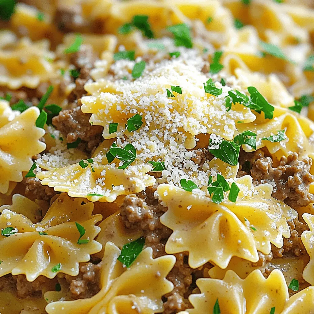 Cremige Knoblauch-Parmesan-Farfalle mit Rindfleisch