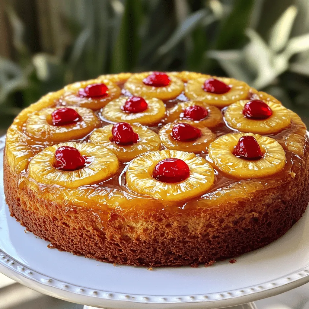 - 1 Tasse brauner Zucker - 1/4 Tasse zerlassene Butter - 1 Dose Ananasscheiben - Maraschino-Kirschen (optional)