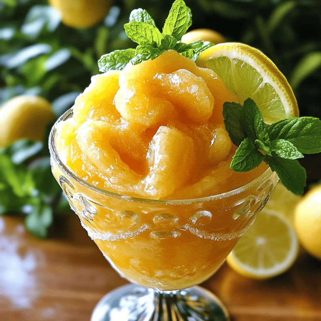 Um die einfachste gefrorene Pfirsich-Limonade zuzubereiten, brauchst du nur einige frische Zutaten. Die Hauptzutaten sind vier reife Pfirsiche, frisch gepresster Zitronensaft, Wasser, Zucker oder Honig sowie Eiswürfel. Du kannst frische Minzblätter für die Garnierung nutzen, wenn du magst.