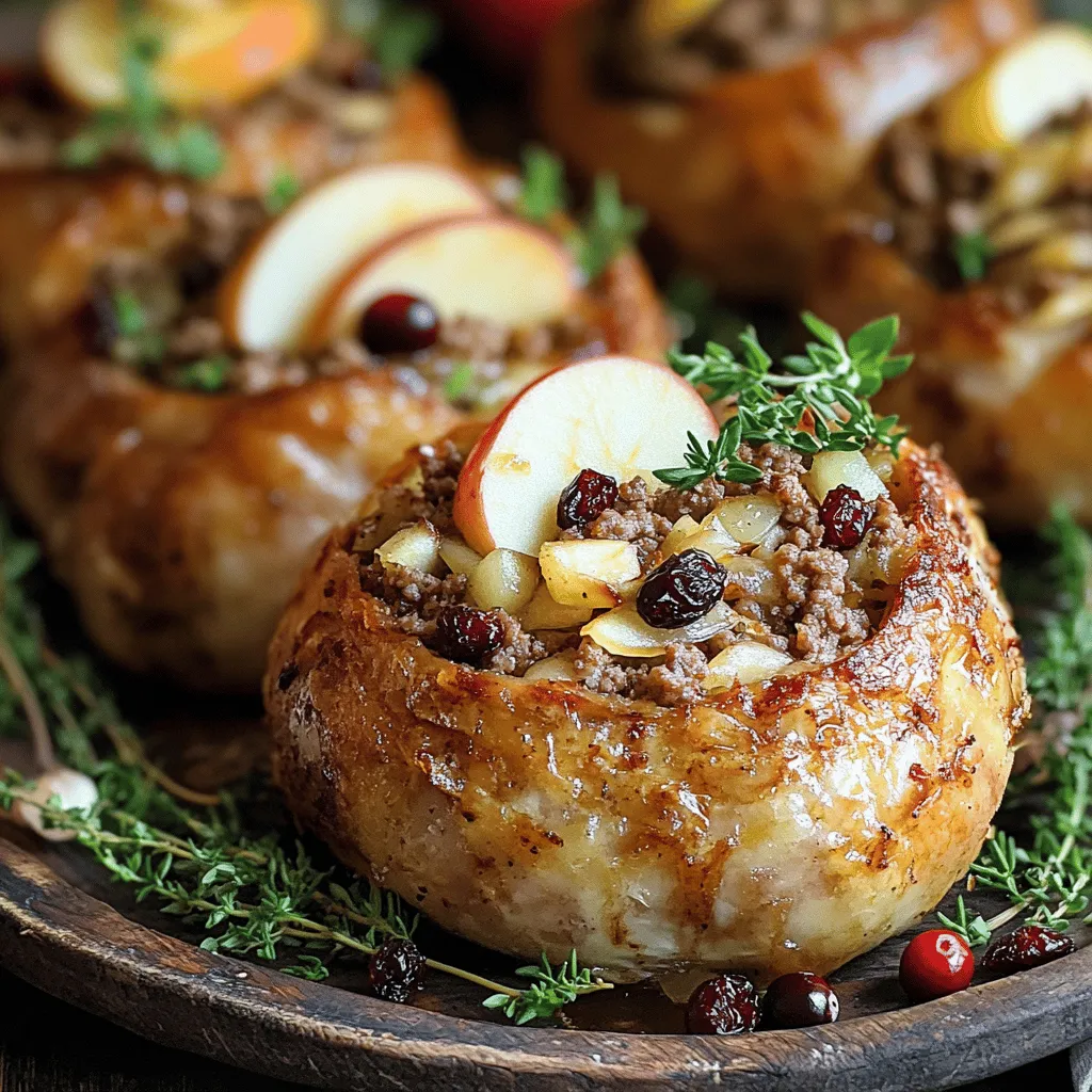 - 1 Schweinekranzroast (ca. 1,5 kg) - 500 g gemischtes Hackfleisch (Schwein und Rind) - 200 g altbackenes Brot, gewürfelt - 1 Zwiebel, fein gehackt - 2 Knoblauchzehen, gepresst - 2 Äpfel, entkernt und gewürfelt - 100 g getrocknete Cranberries - 1 TL Thymian - 1 TL Rosmarin - 1 TL Salbei - 2 Eier, leicht geschlagen - 3 EL Olivenöl - Salz und Pfeffer nach Geschmack - Küchengarn zum Binden