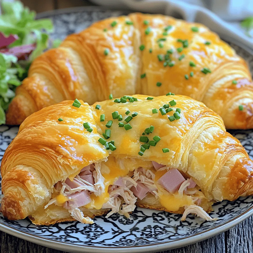 - 4 große Croissants - 200g gekochte Hähnchenbrust, zerkleinert - 100g gekochter Schinken, gewürfelt