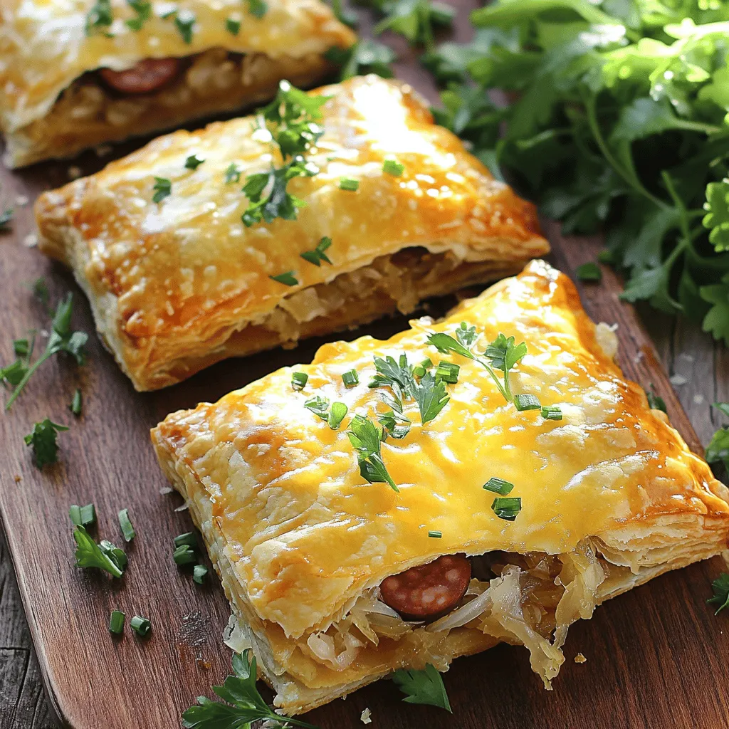 - 250 g tiefgefrorener Blätterteig (2 Rollen) - 300 g Kielbasa, in Scheiben geschnitten - 400 g Sauerkraut