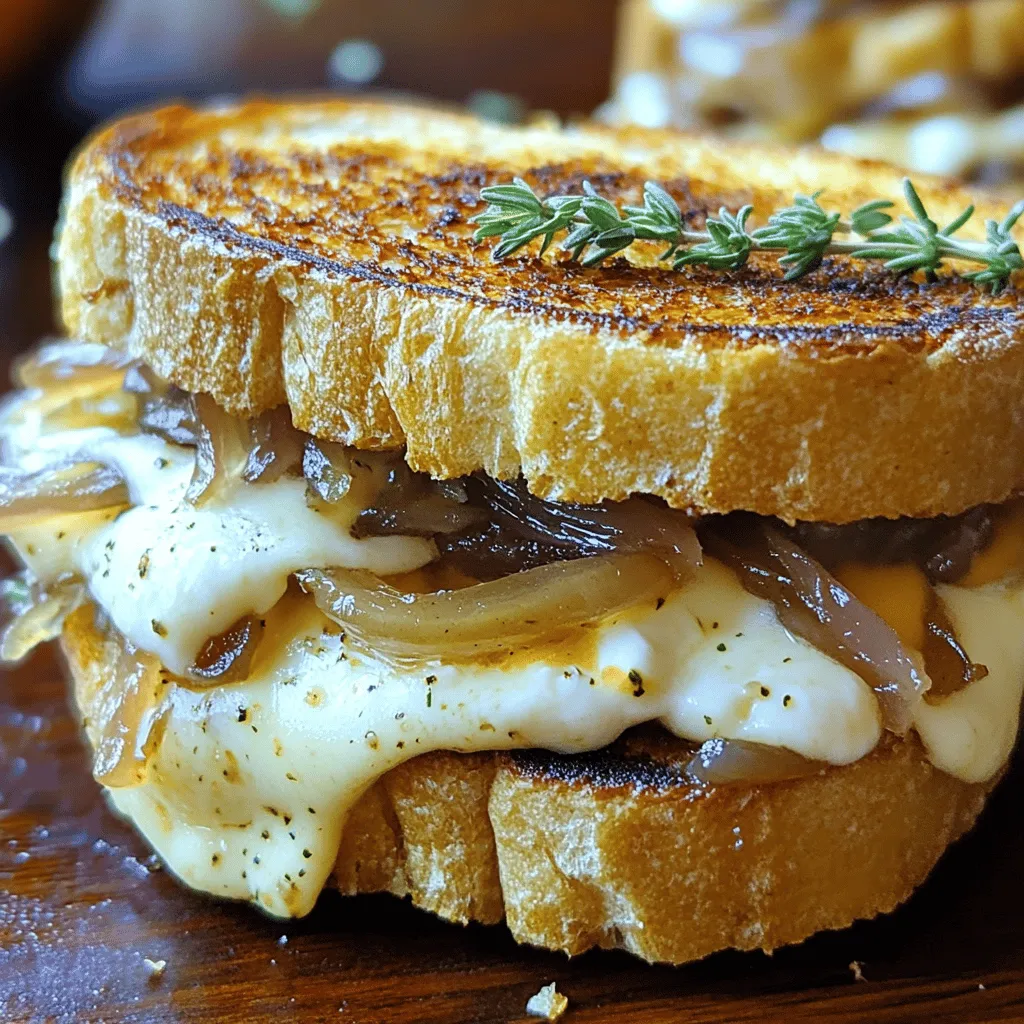 - 4 Scheiben Sauerteigbrot - 1 große Zwiebel, dünn geschnitten - 1 Tasse Gruyère-Käse, gerieben - ½ Tasse Mozzarella-Käse, gerieben