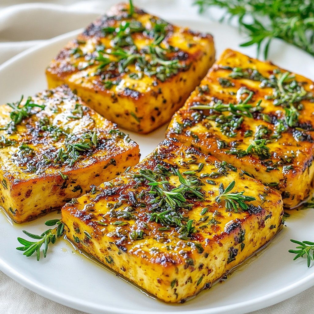 Gesunde Kräuter-marinierte gebackene Tofu-Steaks